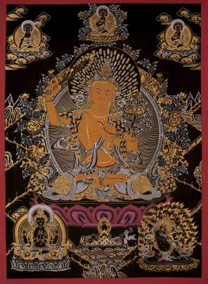 Manjushree Thangka Art Flanked By Bodhisattva | Wall Decoration Painting | Art Painting for Meditation