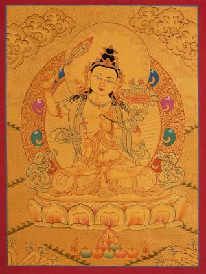 Small Size Manjushree Thangka Painting | 24k Gold Painted Bodhisattva of Wisdom