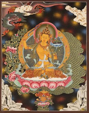 Unique Manjushree Thangka With Dragon Border And Colorful Background | Rare Thangka Painting of Deity Of Wisdom
