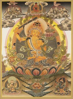 Manjushree Thangka Art | Tibetan Buddhist Bodhisattva Of Wisdom | Genuine Hand Painted Vajrayana