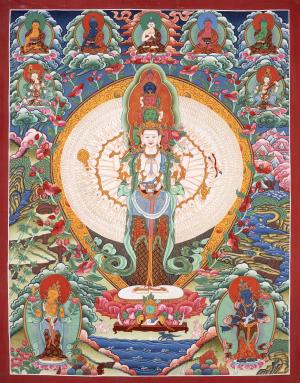 1000 Armed Avalokiteshvara Flanked By 5 Dhyani Buddha And Other Bodhisattvas | Bodhisattva Guanyin Chenrezig Thangka Art