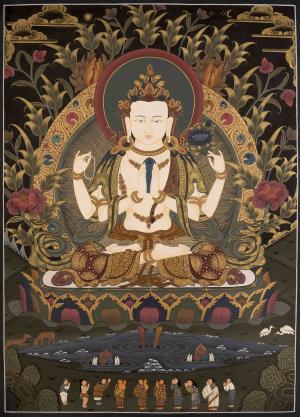 Avalokitesvara Chengrezig Thangka | Bodhisattva Of Compassion | Wall Hanging Yoga Meditation Canvas Art