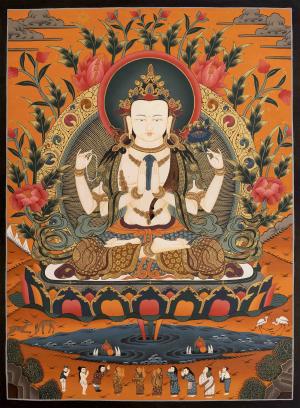 Bodhisattva Avalokiteshvara Chengrezig | Original Hand painted Thangka | Deity of compassion