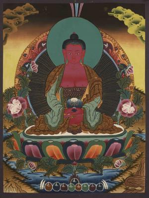 25 x 33 CMS Small Size Red Amitabha Buddha Thangka Painting | Tibetan Buddhist Crafts Wall Hanging Art for Peace
