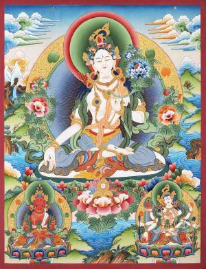 White Tara Goddess Original Hand-Painted Tibetan Thangka | Surrounded By Various Bodhisattva