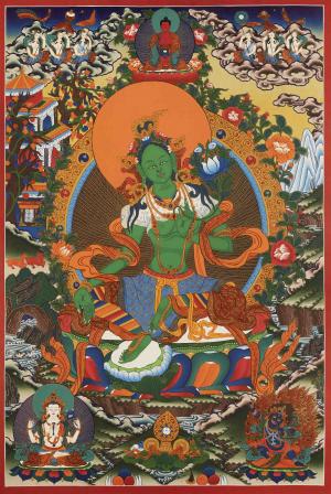 Green Tara Thangka With Amitabha On Top And Flanked By Chengrezig And Vajrapani