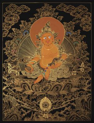Black And Gold Painted Dzambala Thangka Painting | Original Hand-Painted Deity Of Wealth