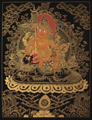 Black And Gold Painted Dzambala Thangka Painting | Original Hand-Painted Deity Of Wealth