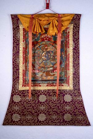Brocade Mounted Wheel Of Life | Original Hand Painted Tibetan Thangka