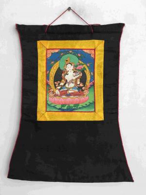 Vintage White Tara Thangka Painting |Buddhist Vajrayana Art | Brocade Mounted Himalayan Art | Perfect Thangka Art for Small Room Decor