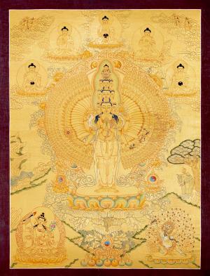 Full 24K Gold Style Original Hand Painted | 1000 Armed Avalokiteshvara Thangka Thangka Art | Zen Buddhism | Wall Hanging Meditation Art