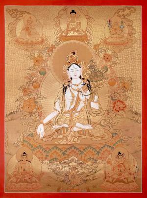Full 24K Gold Style White Tara Followed By Other Bodhisattvas | Original Hand-Painted Tibetan Art | Wall Hanging Meditation and Yoga Art