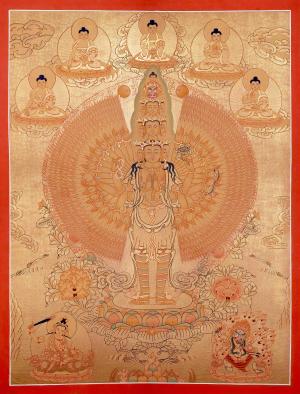 Full 24K Gold Style 1000 Armed Avalokiteshvara Thangka Thangka Art | Original Hand Painted Tibetan Buddhist Painting | Wall Hanging Decor