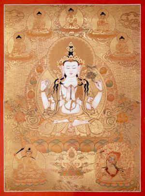 Full 24K Gold Style Avalokitesvara Chengrezig Thangka | Bodhisattva of Compassion | Original Hand Painted Tibetan Buddhist Thangka Art