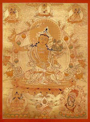 Full 24K Gold Style Manjushree Thangka | Original Hand Painted Tibetan Buddhist Bodhisattva Art | Meditation And Yoga | Wall Decor