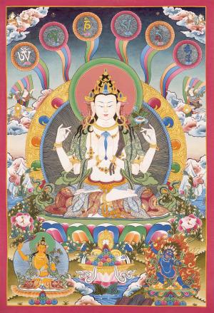 Original Hand Painted Avalokitesvara Chengrezig With Mantra Thangka | Bodhisattva of Compassion | Wall Hanging Decoration Tibetan Art