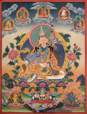 Original Handpainted Guru Rinpoche Surrounded By Dhyani Buddha Traditional Thangka | Lotus Born Master Of Buddhism | Meditation And Yoga