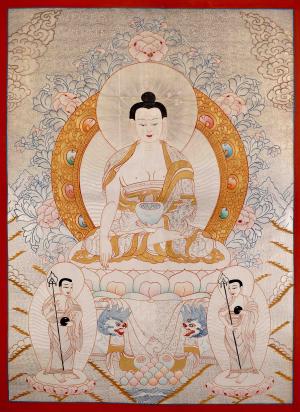 Silver And Gold Painted Shakyamuni Buddha Tibetan Thangka Painting | Original Hand Painted Buddhist Art | Wall Hanging Decor | Zen Buddhism