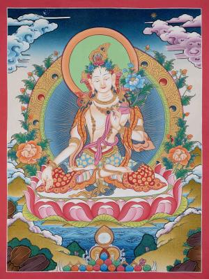 White Tara Thangka Painting | Original Hand-Painted Female Bodhisattva Art | Wall Hanging Decor | Meditation And Yoga | Zen Buddhism
