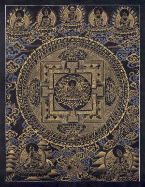 Original Hand Painted Black And Gold Style Chengrezig Mandala Thangka | Tibetan Buddhist Wall Hanging Decor Art | Meditation And Yoga