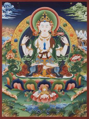 Four Arms Chenrezig Avalokiteshvara Blessed Handmade Buddhist Thangka Painting