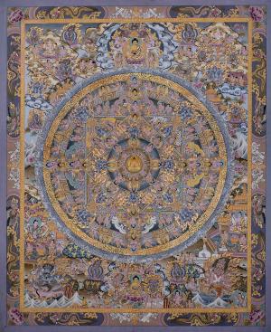 Traditional Painted Grey Colored Buddha Mandala | Master Quality Buddha Mandala | Tibetan Wall Decoration | Art for Wealth, Success & Luck