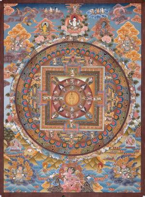 Vintage Lokeshvara Mandala Thangka | Tibetan Wall Hanging Mandala for Good Luck | Blessed Chenrezig Thangka for positive energy and peace
