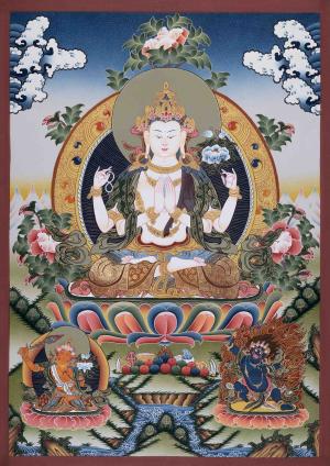 Original Hand-Painted Chengrezig Thangka | Bodhisattva Thangka | Tibetan Buddhist Arts