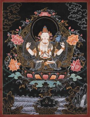 Avalokiteshvara Chengrezig Thangka | Original Hand-painted Arya Bodhisattva | Vajrayana Buddhism Painting | Religious Tibetan Wall Art