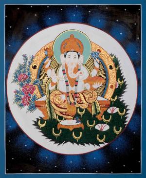 4 Armed Ganesh Painting | Original Hand Painted Thangka | Tibetan Religious Art | Buddhist And Hindu Dharma Protector | Diwali Decoration