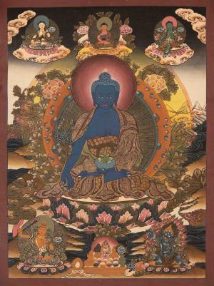 Medicine Budhha Flanked By Bodhisattvas,Mahakala And Manjushree | Original Hand-Painted Tibetan Thangka
