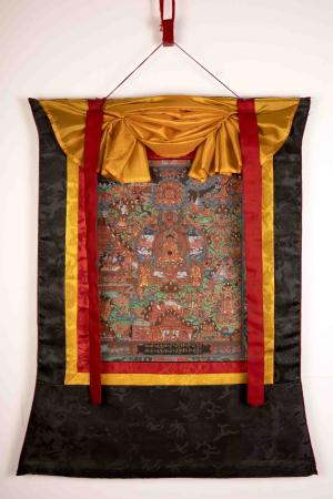 Hand-Painted Buddha Life Story Thangka with Brocade Frame | Tibetan Thangka Painting