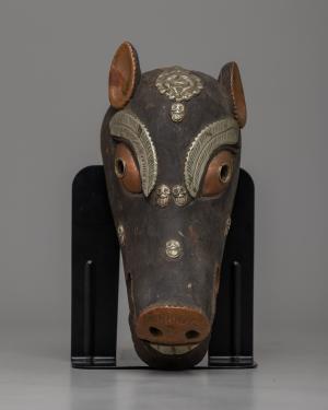 Rare Nepal Wood-Pig Mask Carved Wooden | Black Vintage Mask